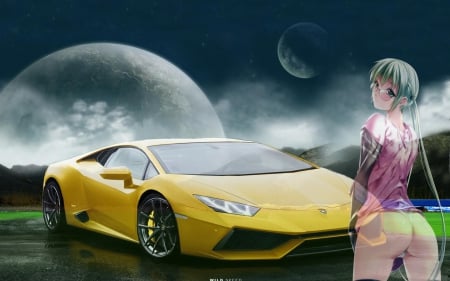 sweet lambo - lamborghinni, girls, planets, wheels, anime, cars, sexy girls, moons