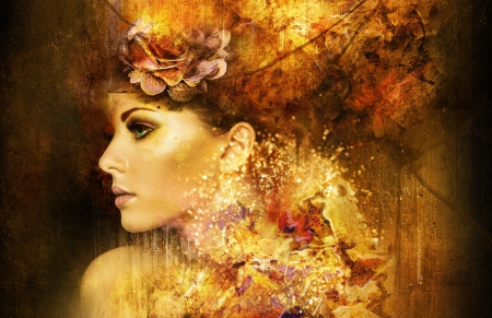 Art Beauty - woman, beauty, profile, fantasy, face, abstract, green eyes, art, gold wake, flower