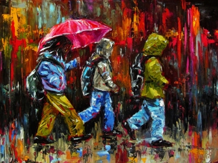 Rainy Day - painting, rainy, children, rain