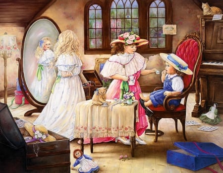 Three sisters - girls, mirror, beautiful, window, sisters, toys, art, room, lady, view, painting, dolls, fashion