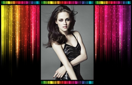 Kristen Stewart - woman, kristen stewart, rainbow, actress, collage, girl, bella swan, black, twilight saga, pink, by cehenot