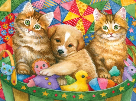 Kittens and little pup basket - pretty, fun, toys, joy, kittyes, fluffy, duckling, kittens, cats, puppy, friends, hug, art, beautiful, pup, sweet, basket, colorful, painting, cute, little, adorable