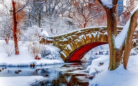 Park Bridge - river, trees, winter, artwork, snow