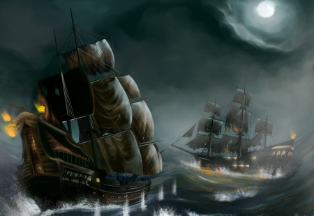 Tall ships - moon, ocean, boats, ships, night, tall ship, aggression, ship, sea, tall ships, boat