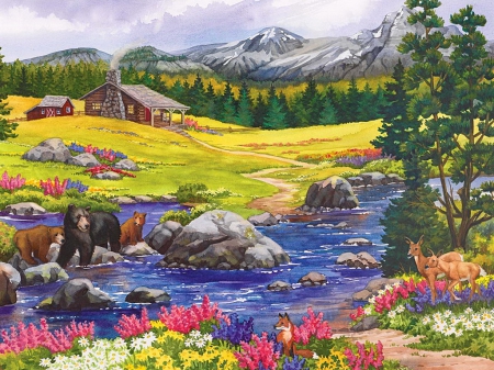 Crossing the stream - cottage, carpet, animals, paradise, stream, field, meadow, creek, spring, cross, river, grass, mountain, hills, deer, nature, beautiful, stones, nice, sky, freshness, flowes, water, ills, calm, pretty, clouds, house, bear, shore, lovely, serenity, village, bank, flowers, roe