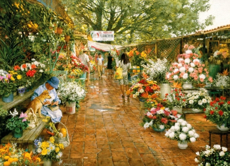 Flower market - market, flower, pretty, alley, beautiful, flowers, art, freshness, nice, people, lovely, painting