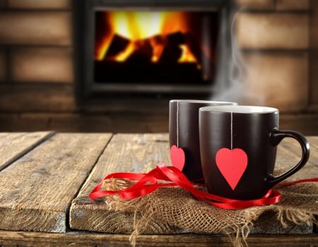 With Love - for you, with love, fireplace, tea time, valentines day, love, tea, hearts, cups