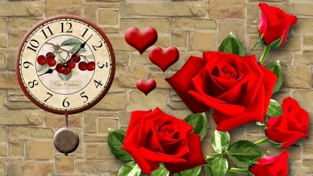 Time For Valentines Day - flowers, roses, brick, time, Valentines Day, clock, hearts