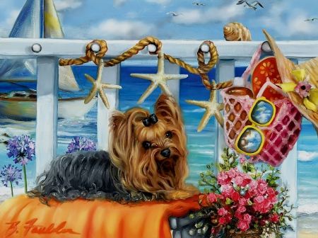 Wish you were here - sky, beach, water, sunglasses, wind, painting, art, dog, clouds, shell, cute, boat, love, marine, sadness, stars, ocean, puppy, shore, waves, beautiful, sweet, flowers, sea, horizons