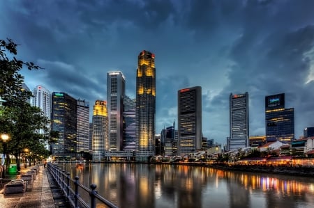 Singapore - skyscrapers, river, Singapore, lights