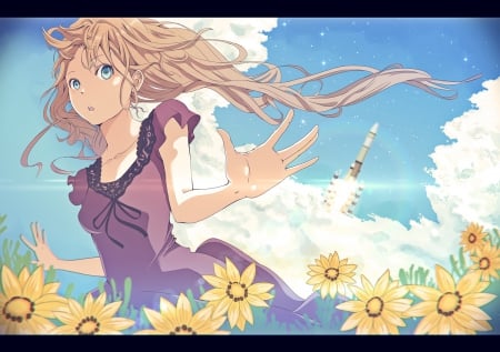 What's That Sound?! - sky, girl, blue eyes, long hair, summer, brown hair, aircraft, pretty, clouds, anime, flowers, dress