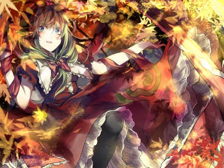 I Love Autumn!! - anime, kagiyama hina, dress, green hair, long hair, leaves, touhou, autumn, bow, ribbons, blue eyes