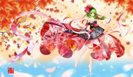 Beautiful Kagiyama Hina - anime, water, beautiful, kagiyama hina, bows, kimono, green eyes, green hair, leaves, japanese clothes, touhou, autumn, barefoot, ribbons