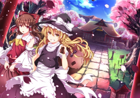 We're Outta Here! - bows, hat, brown hair, red eyes, touhou, petals, anime, cherry blossoms, yellow eyes, building, long hair, apron, hakurei reimu, friends, japanese clothes, blonde, kirisame marisa