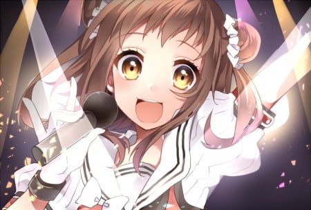 ~Naka~ - naka, brown eyes, kantai collection, gloves, brown hair, pretty, microphone, anime, short hair, lights