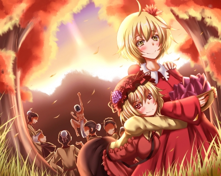 ~Forever Sisters~ - hat, yellow eyes, trees, anime, aki shizuha, people, blonde, red eyes, aki minoriko, short hair, touhou, autumn, sisters, friends