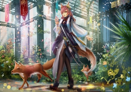 The Princess of Foxes - anime, foxgirl, animal ears, foxes, lovely, petals, tail, flowers, colorful