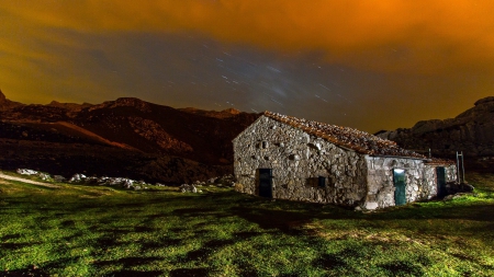 stone hut under starry sky - sky, stones, hut, stars, grass