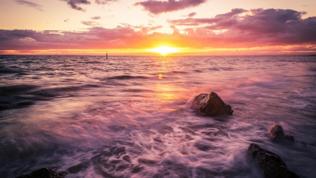 yellow sunset over lavender sea - surf, rocks, lavender, yellow, sunset, sea