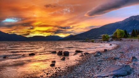 gorgeous sunset over stone beach hdr - stones, shore, hdr, sunset, mountains, sea