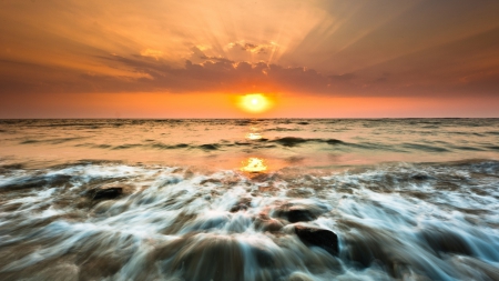 wonderful seashore sunset - shore, sunset, sea, surf