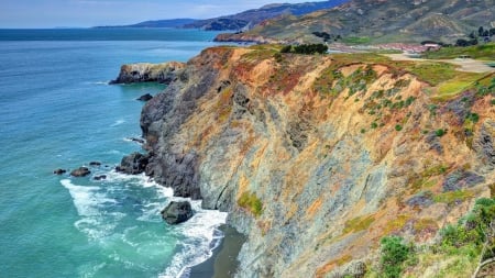 beautiful seacoast cliffs - surf, rocks, cliffs, coast, village, sea