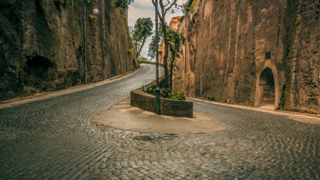 switchback cobblestone street - hill, town, road, switchback, cobblestone