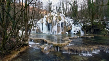 cascading waterfalls in winter - trees, winter, cascade, pool, watefalls, rocks