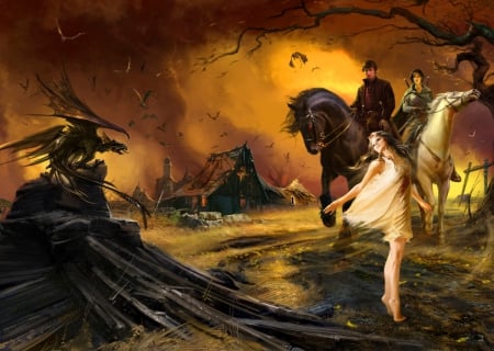 Valley - magic, monster, dragon, power, enchanted, hut, art, cottage, sky, bat, fear, beautiful, girl, valley, horse, black, fantasy, lady, painting, fiery