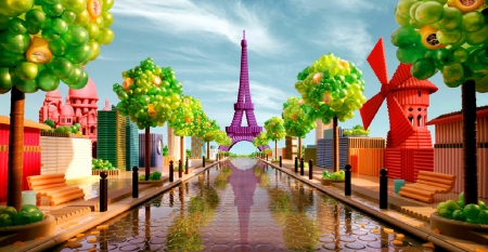 Paris - pretty, France, reflection, eiffel tower, paris, nice, art, sky, trees, beautiful, tower, city, lovely, street, colorful, baloons, painting