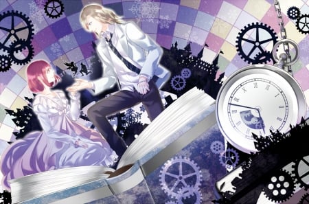 Storybook Romance - anime, Haruka Nanami, snowflakes, chain, dress, guy, clock, books, romance, Uta no Prince sama, brown hair, wheels, short hair, red hair, castles, aijima seshiru