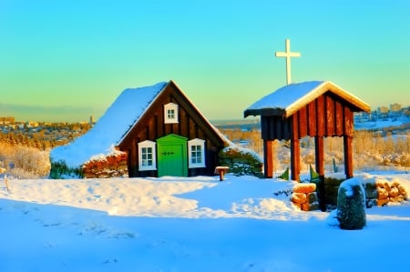 Winter church - sky, trees, photography, sun, wonderful, cold, tree, ice, snowflake, winter, snowflakes, lovely, nature, snow, beautiful, splendor, photo