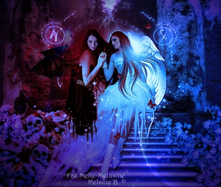 Two sisters - witch, abstract, fantasy, magic, wicked, enchantes, art, wallpaper