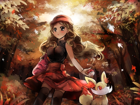 Taking a stroll - anime, trainer, pokemon, girl, stroll, cute, taking