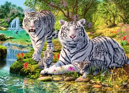 Jungle royalty - trees, animals, stream, waterfall, tigers, painting, pong, art, reflection, river, royalty, exotic, cubs, wild, jungle, beautiful, flowers