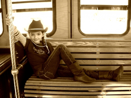 Cowgirl Rides A Train - women, fun, female, boots, hats, fashion, models, children, western, girls, cowgirls, style, trains