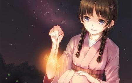 How beautiful - beauty, nice, sky, female, anime girl, brown hair, pretty, game, cool, anime, kimono, cute, stars, ponytail, blue eyes, night, game cg, beautiful, sweet, smile, awesome, lights, dress