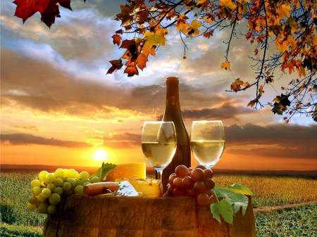 White Wine - grapes, bottle, sunset, barrel, field, tree, glass