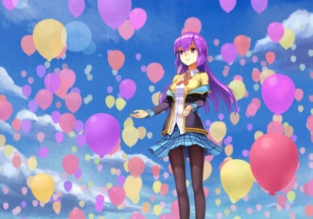 Fly and be free - pretty, anime, magic, female, long hair, dream, purple eyes, uniform, nice, purple hair, sky, clouds, purpel jair, anime girl, game, skirt, beautiful, beauty, cool, sweet, mslie, smile, awesome, lights, balloons, cute, ballons