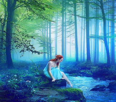 ..Frosty in Blue Forest.. - people, blue, creative pre-made, frosty, photomanipulation, frosty in blue forest, forests, trees, winter, water, girl, digital art, weird things people wear, colors, xmas and new year, cool, fantasy, lady, woman, model