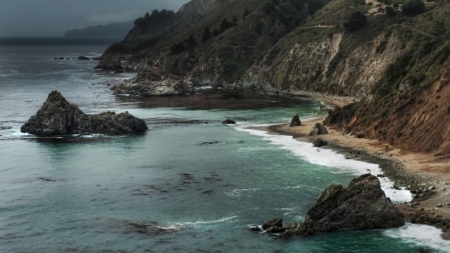 cliffs on a seacoast - sea, bushes, cliffs, coast, rocks