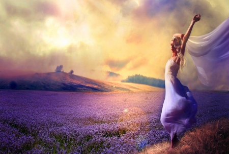 Lavender field - lavender, field, woman, clouds