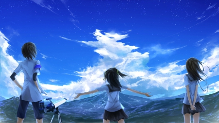 What A Beautiful View!! - sky, stars, landscape, long hair, black hair, ponytails, brown hair, clouds, anime, friends, uniforms, group, short hair