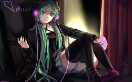 Cute girl with headphone - nice, singer, stockings, black, amazing, dark, cool, clothing, miku, cute, shoes, skirt, cd, light, long hair, lovely, hatsune, vocaloid, beautiful, sweet, awesome, green nails, green hair, dress