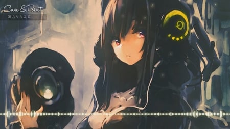 Hard Style - headphones, anime girl, disc, black hair, shadow