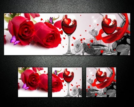 Roses - collage, wine, roses, petals