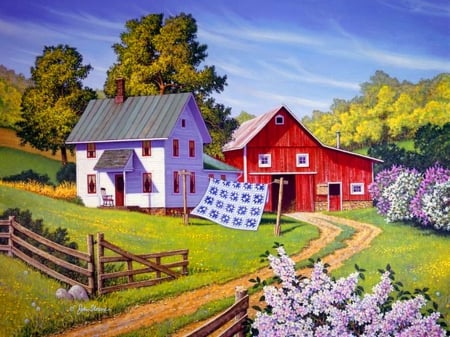 Spring day - cottage, sky, freshness, trees, colorful, spring, cottages, painting, art, blossoms, grass, blooming, fence, houses, day, village, flowers