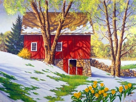 Spring thaw - cottage, trees, peaceful, thaw, vilalge, lovely, spring, painting, crocuses, art, snow, beautiful, house, flowers, grass