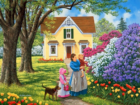 Precious flowers - pretty, alley, grass, children, spring, walk, family, precious, flowers, mother, puppy, nice, art, smiling, cottage, house, greenery, kid, beautiful, girl, lovely, freshness, baby, village, colorful, tulips, lady, painting