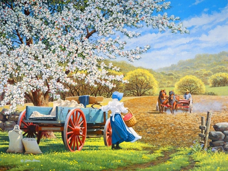 Noontime - pretty, blossoms, cart, meadow, spring, walk, flowers, work, scent, noontime, field, nice, art, sky, men, beautiful, fragrance, lovely, blooming, tree, wait, nature, horses, woman, painting